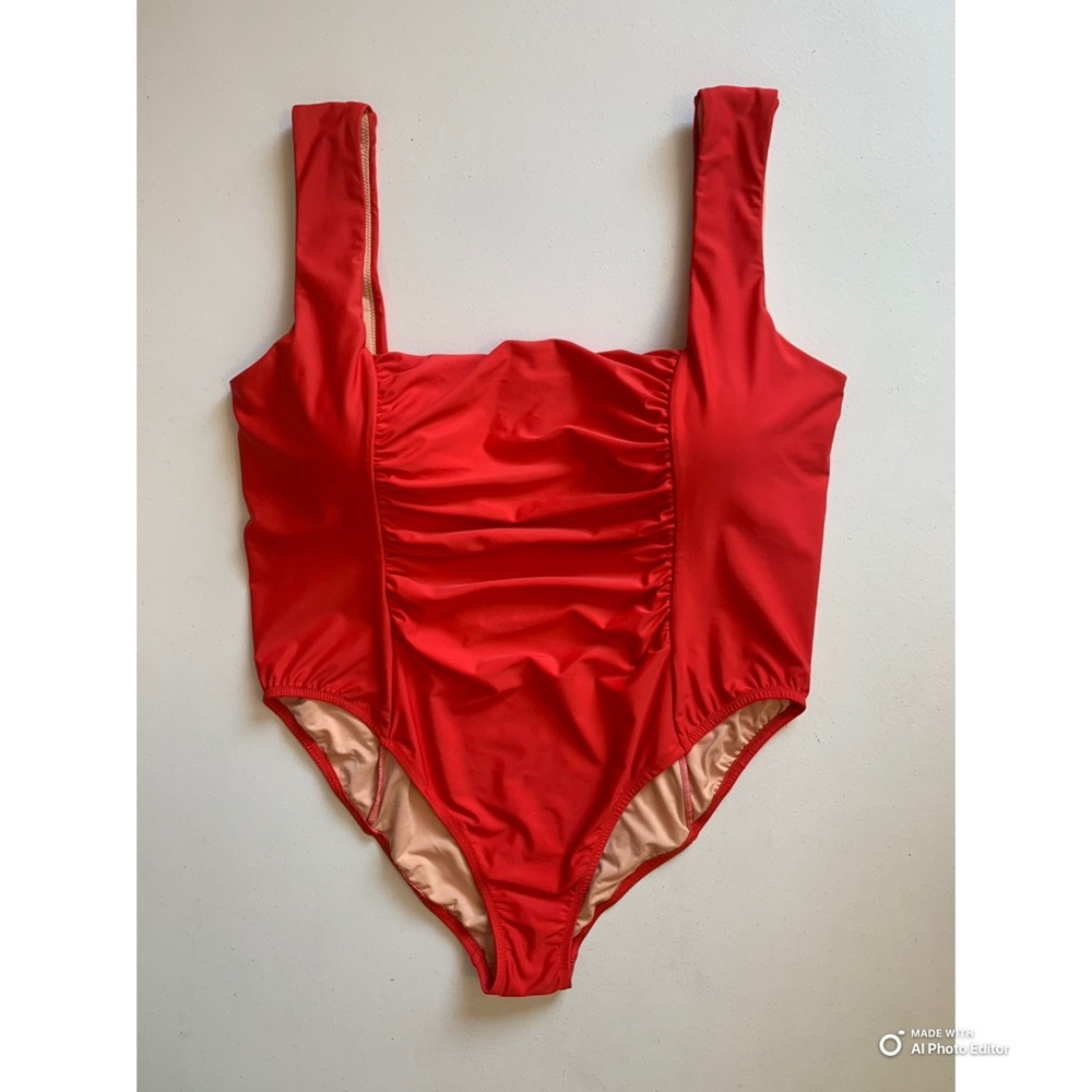 J Crew Red Ruched Squareneck One Piece Swimsuit Size 24 NWT - Picture 3 of 17